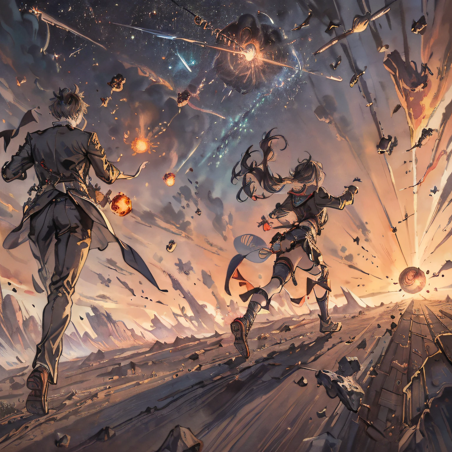 ((People running away from a large number of meteorites: 1.3),), (meteor, fireball:1.5, meteorite:1.3), desperate look, fear, a sense of despair, the end of the world, cinematic lighting, (running desperately towards the viewer), (Masterpiece), (Best Quality), (Ultra high Detailes), (perfect composition)