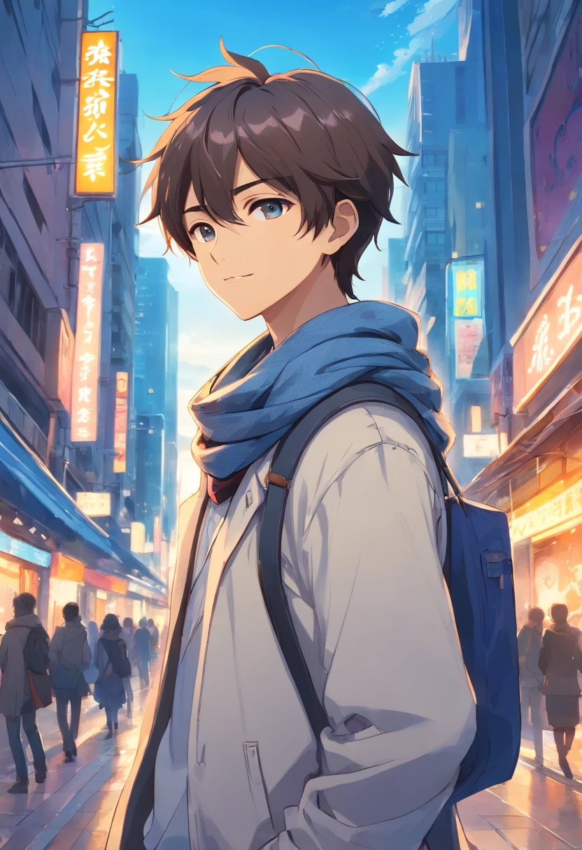 A boy, transformed into an anime style, wearing a white shirt, a grey jacket, long blue scarf, standing on a bustling city street, backlit background highlighting the subject, high-contrast colors, 4K high-definition quality，young, smiling, handsome