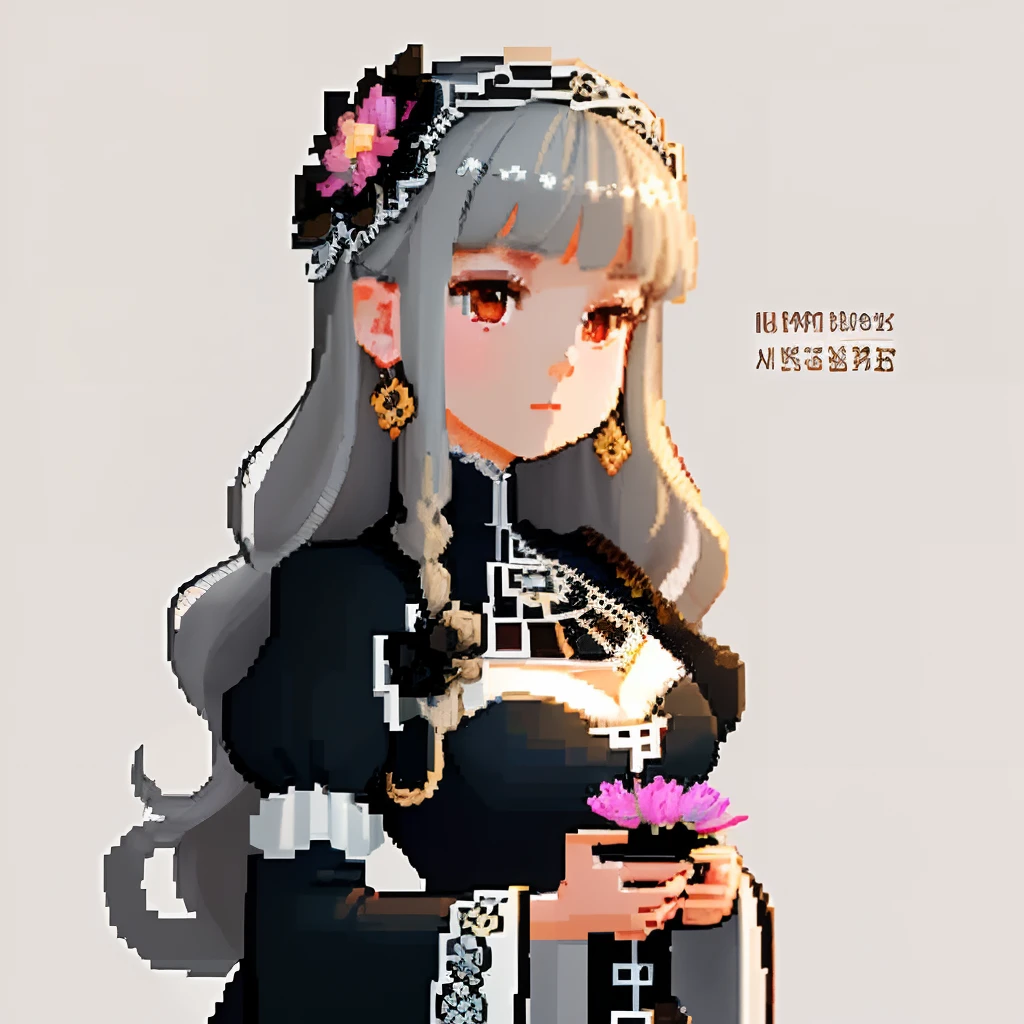 She was dressed like an ornate jewel,large earring、Lots of flowers、 Gothic White、Colorful Floral Decoration Costume、Girl with dull grey long S-shaped curls、Look back and look at this.、Pixel art、Pixel Art Illustration、pixels、Plain background、Upper body、For icons、pixels_Art Book,Composition centered on the face、Black lily flower headdress、Katyusha、pixels、Game-style illustration、Pixel art、pixels、without background、The background is one color beige、pixels、Large anemone flower ornament、Loose fluffy、White background、Gothic fashion、simple background、
