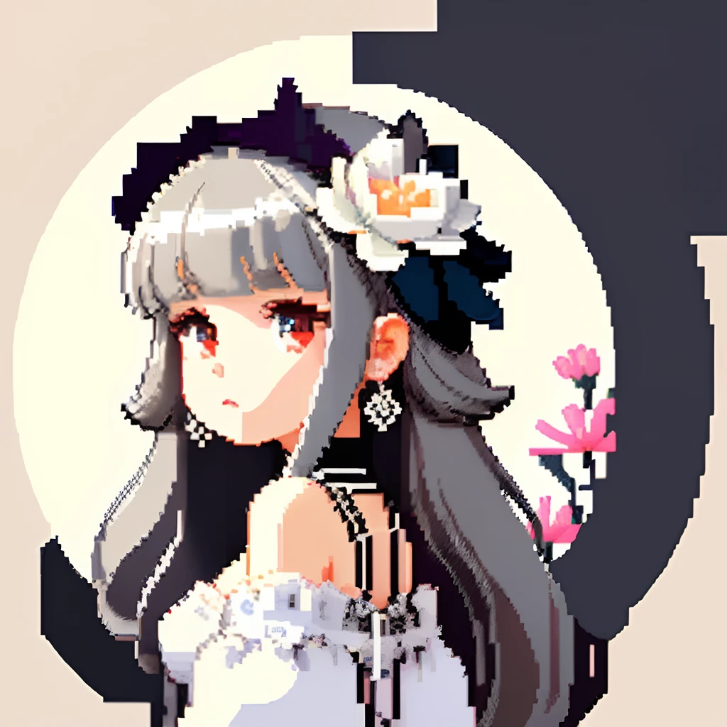 She was dressed like an ornate jewel,large earring、Lots of flowers、 Gothic White、Colorful Floral Decoration Costume、Girl with dull grey long S-shaped curls、Look back and look at this.、Pixel art、Pixel Art Illustration、pixels、Plain background、Upper body、For icons、pixels_Art Book,Composition centered on the face、Black lily flower headdress、Katyusha、pixels、Game-style illustration、Pixel art、pixels、without background、The background is one color beige、pixels、Large anemone flower ornament、Loose fluffy、White background、Gothic fashion、simple background、