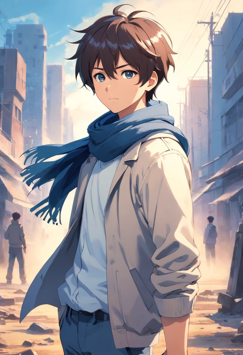 A boy, transformed into an anime style, wearing a white shirt, a grey jacket, long blue scarf, standing in a boxing stance, in a dusty wasteland, high-contrast colors, 4K high-definition quality,young, smirking, flowing wind