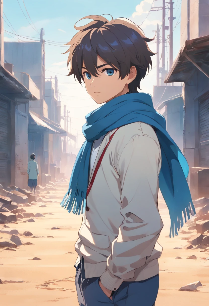 A boy, transformed into an anime style, wearing a white shirt, a grey jacket, long blue scarf, standing in a boxing stance, in a dusty wasteland, high-contrast colors, 4K high-definition quality，young, smirking, flowing wind