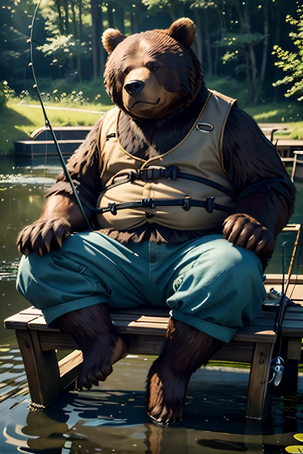 c4ttitude, Realism, Attentive Eyes ,Furr, applicant, Agile, attraction, Fisherman's clothes,stocklings, sits on a chair, (Fishing pond,Fishing with a fishing rod),masutepiece, Best Quality, Ultra-detailed,8k wallpaper,Hyperresolution, Unreal 5,He looks very bored,Fat Brown Bear, Bear Hand