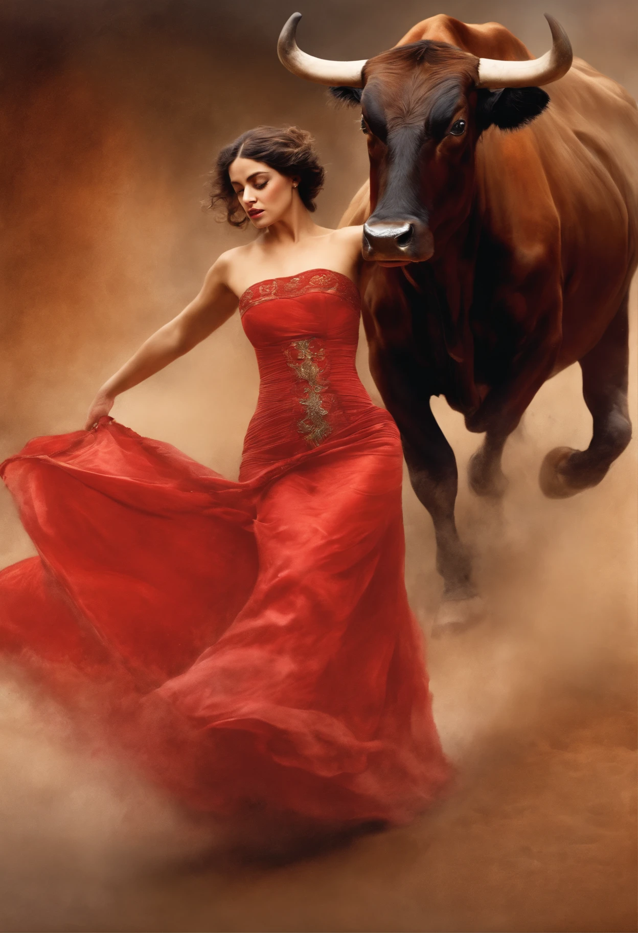 high quality, Experience the raw power and intensity of a bull charging headlong in a high-quality watercolor portrayal of a captivating female matador in the midst of a powerful bullfight, The canvas comes alive with vibrant strokes, echoing Goya's dramatic flair and Degas' mastery of movement, Dive into the resplendent red of the matador's cape and explore intricate details reminiscent of Mucha's art nouveau elegance, The electrifying spectacle unfolds with a dynamic portrayal of the poised yet assertive stance of the female matador, all against the backdrop of the thrilling bull's fierce charge, The fluidity of watercolor captures the essence of this enthralling narrative, making it a captivating visual journey from the very beginning,  awesome full color,