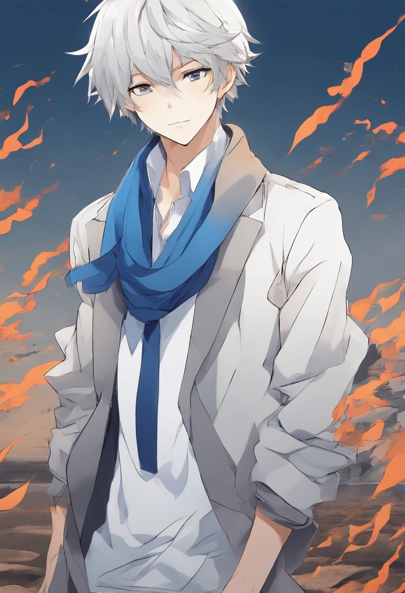 A boy, transformed into an anime style, wearing a white shirt, a grey jacket, long blue scarf, standing in a boxing stance, in a dusty wasteland, high-contrast colors, 4K high-definition quality,young, smirking, flowing wind