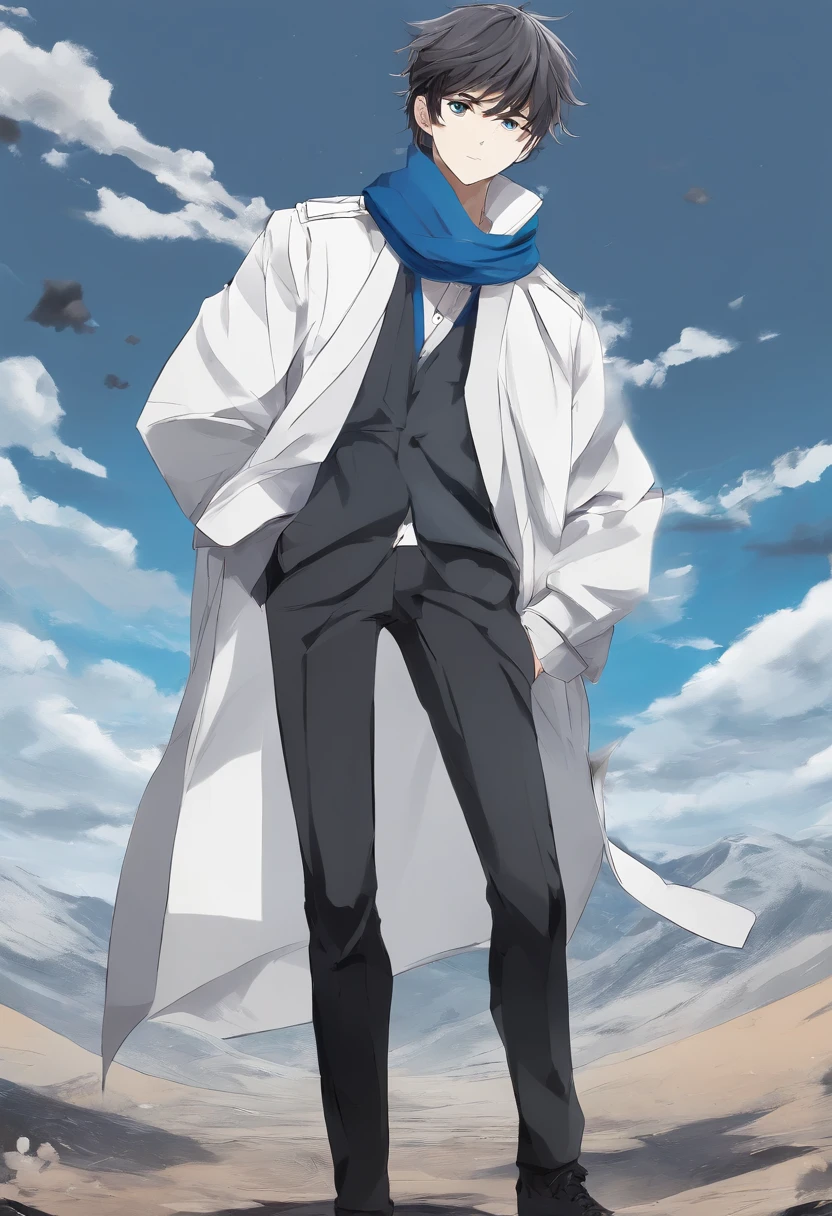 A boy, transformed into an anime style, wearing a white shirt, a grey jacket, long blue scarf, standing in a boxing stance, in a dusty wasteland, high-contrast colors, 4K high-definition quality,young, smirking, flowing wind