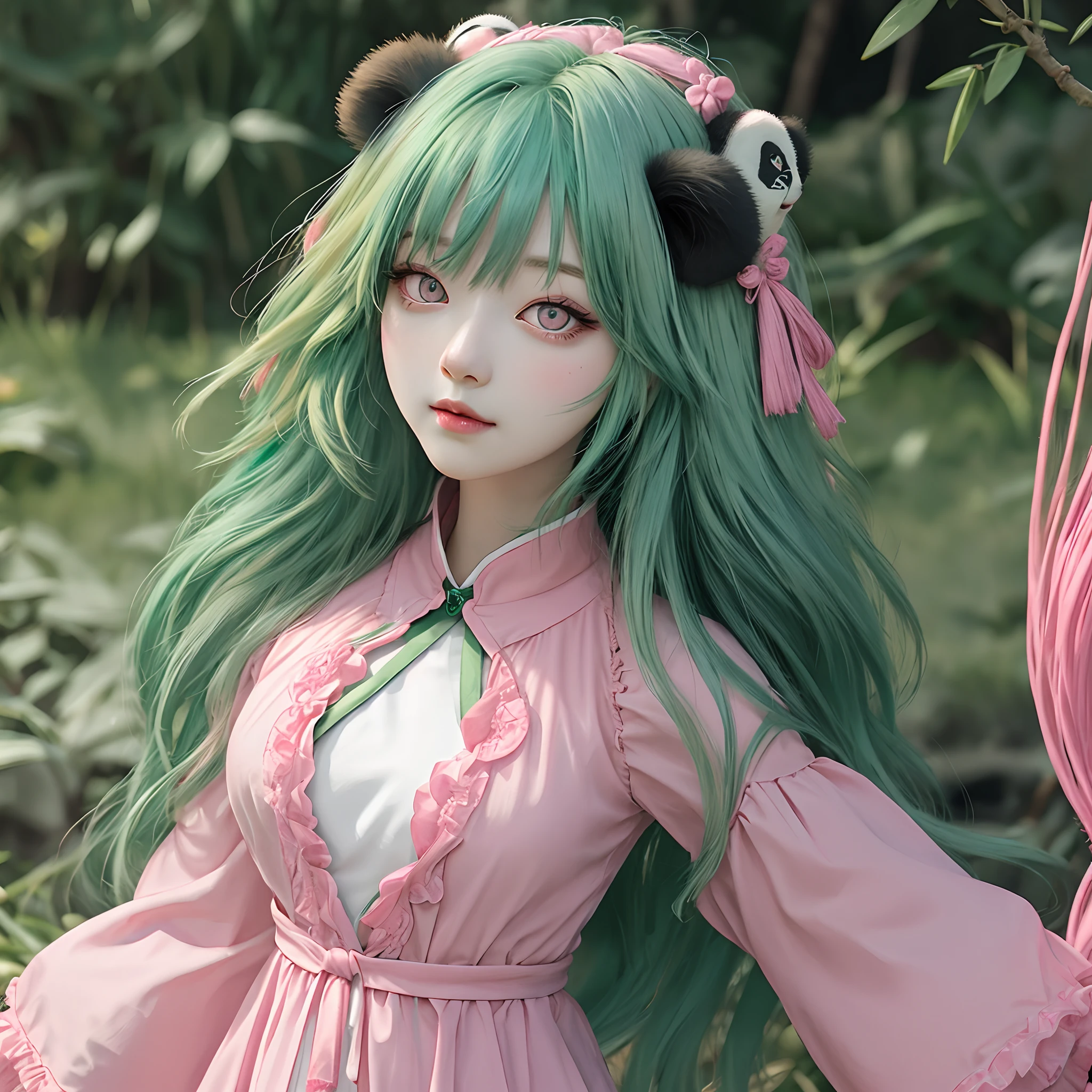 Emerald Green Hair Pink Eyes Panda 2D Girl Cute Long Hair