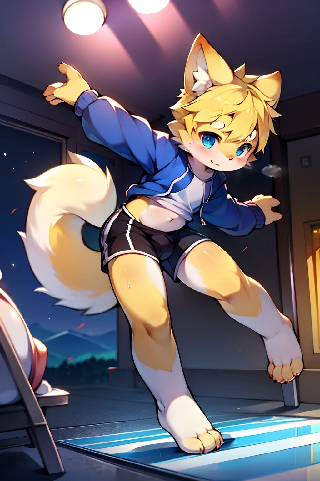 Blue pupils, Light yellow fluffy body, Light yellow furry tail, Boy cat，Exquisite wallpapers，Very cute，Light yellow hair，The popular style of the P station，One role solo，Light yellow cute fluffy little long legs，Shotai style，Blushlush，Tight-fitting tracksuits and loose-fitting shorts，There is a lot of sweat on the body，Running on a plastic runway