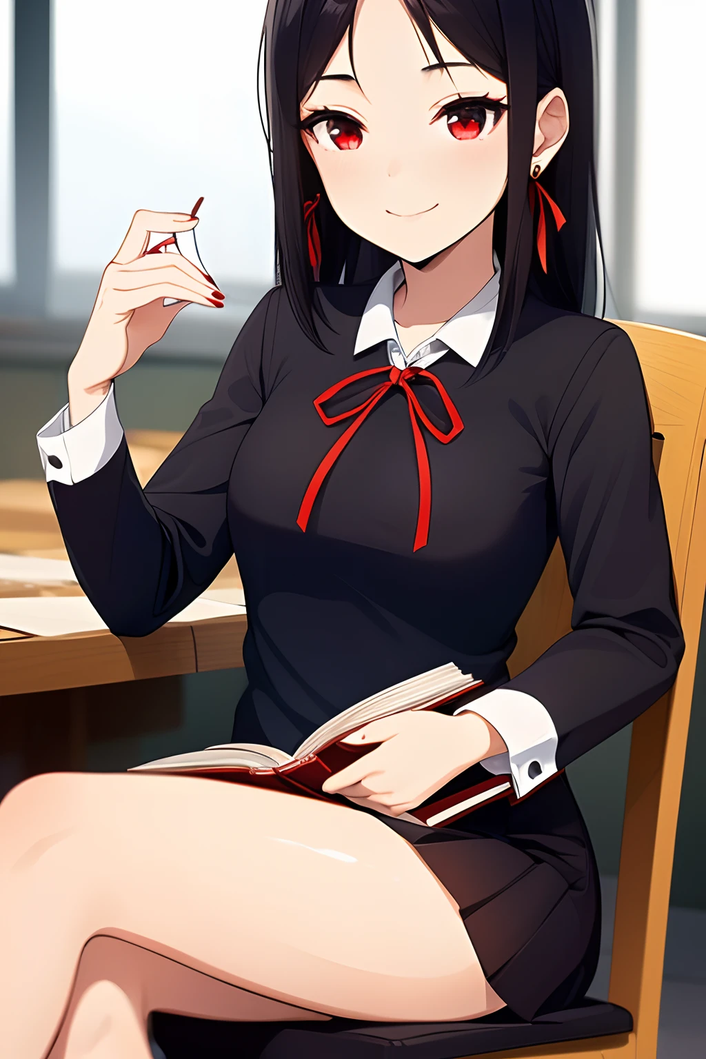 (((beautiful Asian woman))), (((medium black hair with red ribbon))), (((red eyes))), wearing a school uniform, shy smiling, delicate face, super detailed, 8k, super quality, sitting on the chair in the classeroom, heart earrings, reading a book