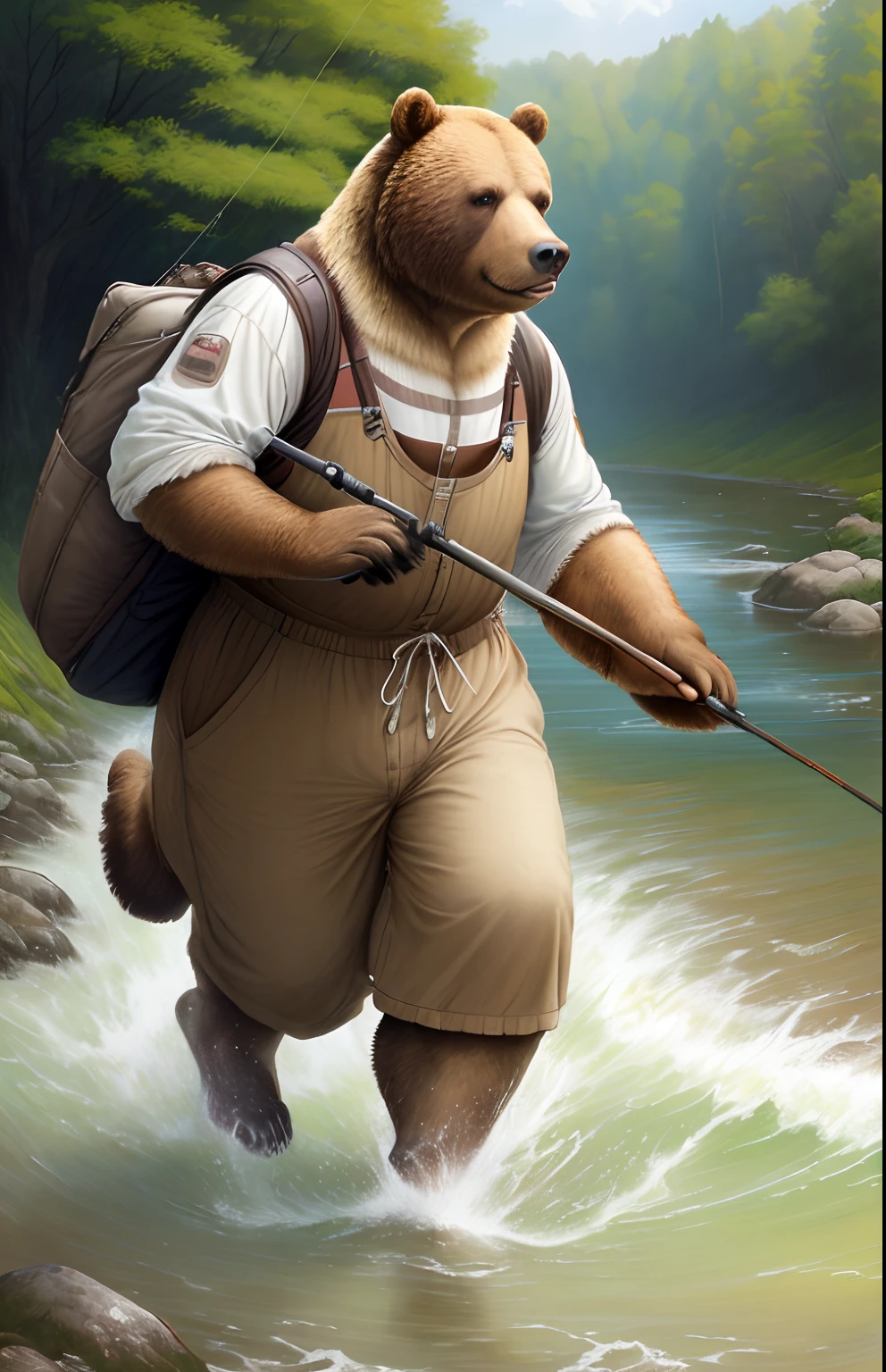 Painting by Jean-Baptiste Monge depicting a large brown bear, 真实感, Realism, Goes to Revbalka, He carries a fishing rod in his paws, paws Dressed in fishing boots, carries a bag of fishing tackle, On a summer day to the river , jean - baptiste monge, anthropomorphic --ar 2:3 --testp -optimistic;