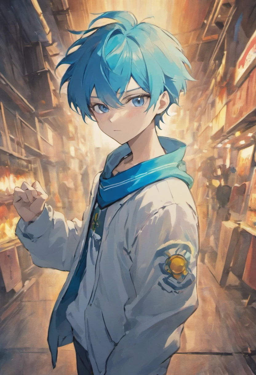 A boy, transformed into an anime style, blue hair, blue eyes, wearing a white t-shirt, a grey jacket, long blue scarf, standing in a boxing stance, in a dusty wasteland, high-contrast colors, 4K high-definition quality,young, smirking, flowing wind