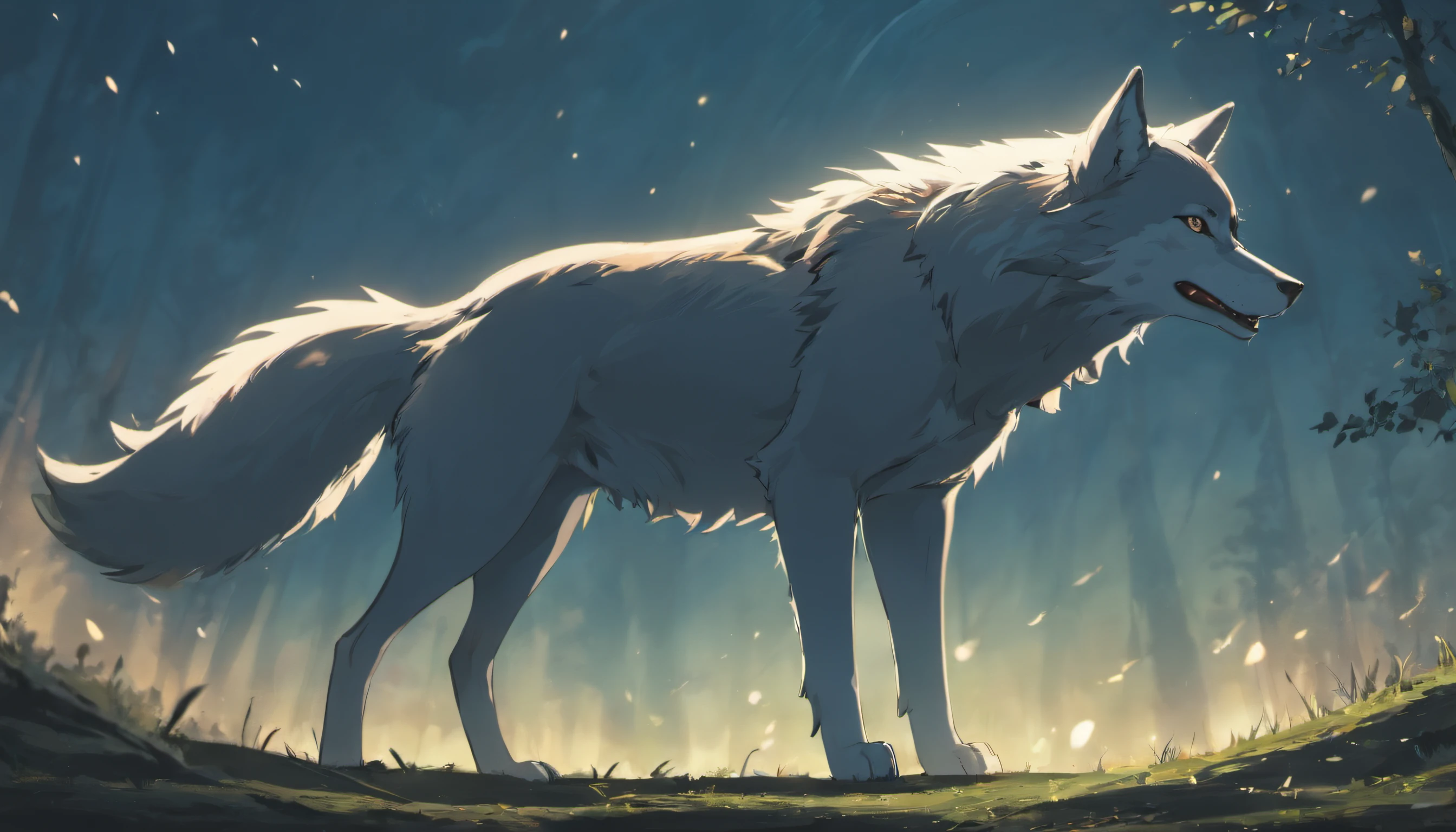 A majestic wild landscape. wolf standing in its, side view, showing its powerful presence and vibrant coating. howling at the moon.