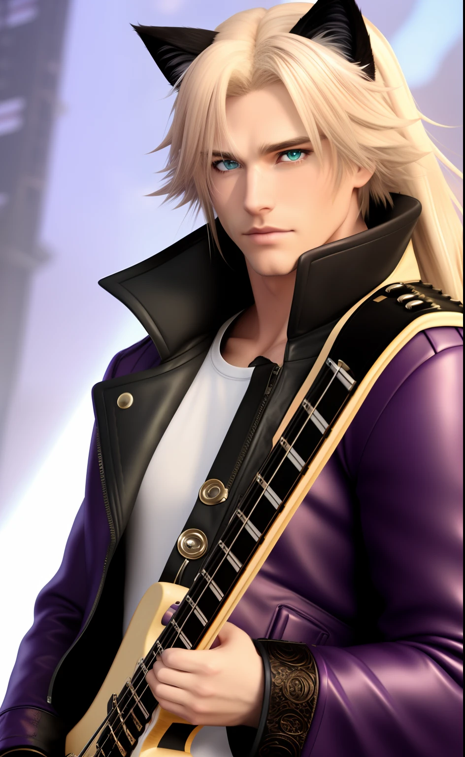 Purple fur lined jacket, one male, cat ears, long hair, blond, blond hair, green eyes, tall, muscular, white shirt, beautiful face, highest quality, masterpiece, 2d, anime, perfect face, highest detail, feline eyes, stubble, cat tail, wavy hair, cowboy shot, detailed face, intricate details, holding black bass guitar, stage background