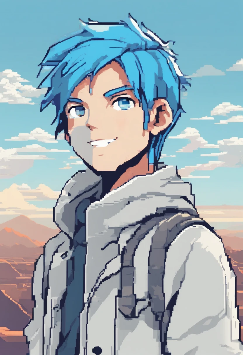 A boy, transformed into an anime style, blue hair, blue eyes, wearing a white t-shirt, a grey jacket, long blue scarf, one fist up, in a dusty wasteland, high-contrast colors, 4K high-definition quality, young, smirking, flowing wind