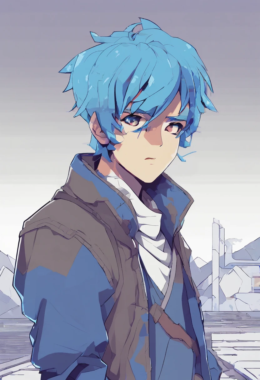 A boy, transformed into an anime style, blue hair, blue eyes, wearing a white t-shirt, a grey jacket, long blue scarf, one fist up, in a dusty wasteland, high-contrast colors, 4K high-definition quality, young, smirking, flowing wind