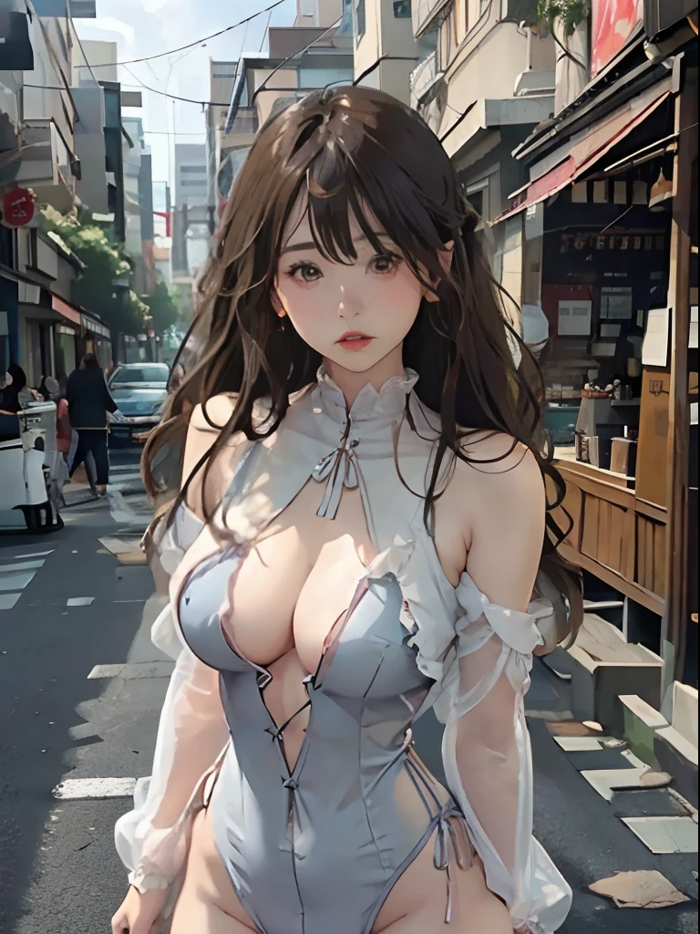 Best Quality、Top image quality、High-spec images:0.5, girl with、Spreading legs、Clean face、well-shaped nose、Enchanted lips、Colossal tits、Wear a see-through bodysuit、Perfect Style、Delicate zones that show through the lower body、pubick hair、bristle、Sheer soft skin、Cinematic lighting、Full body shot on a street corner、
