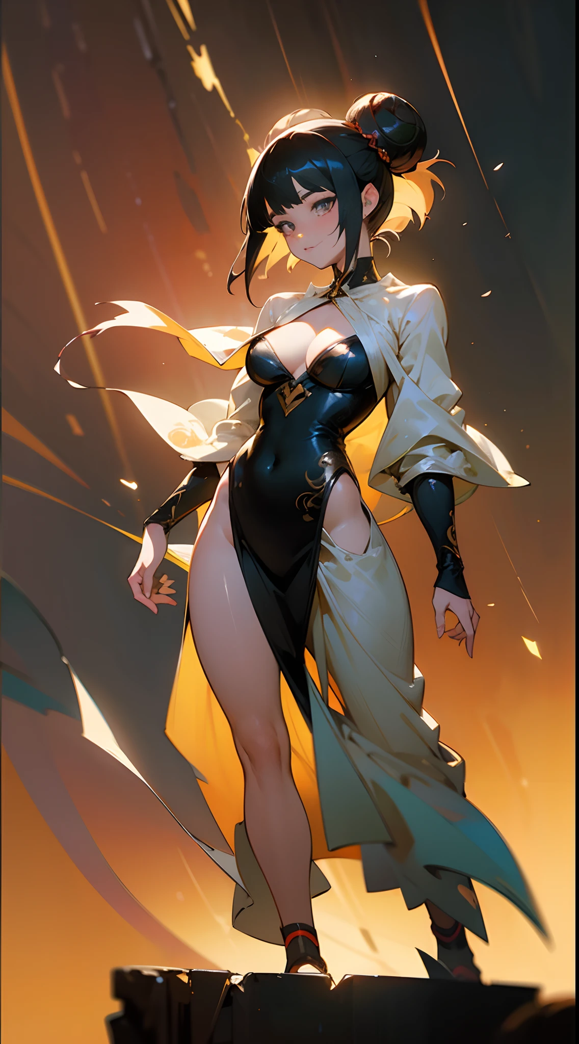Isometric camera angle, Higly detailed, Professional art, vivid colours, ((masterpiece)), 135 mm, studio lighting, ((bokeh)), (depth of field), Concept: captivating eyed anime waifu with glittery and incredibly glowing runes covered on her skin, wearing has a { daring cleavage kentaro miura+derek gores art dress}, 8k resolution, masterpiece luminescent anime style drawing, intricate details, [Composition: a striking eyed straight cut bangs two japanese bun and black haired albino glowing eyes anime character walking in the middle of the nothingness] full body art, sensual anime woman, anime illustration, beautiful anime artwork, anime artwork, ultra sharp, high quality fabric, [Alejandro bursido style background], Oil painting of a anime waifu by Frank Frazetta, by Yoji shinkawa