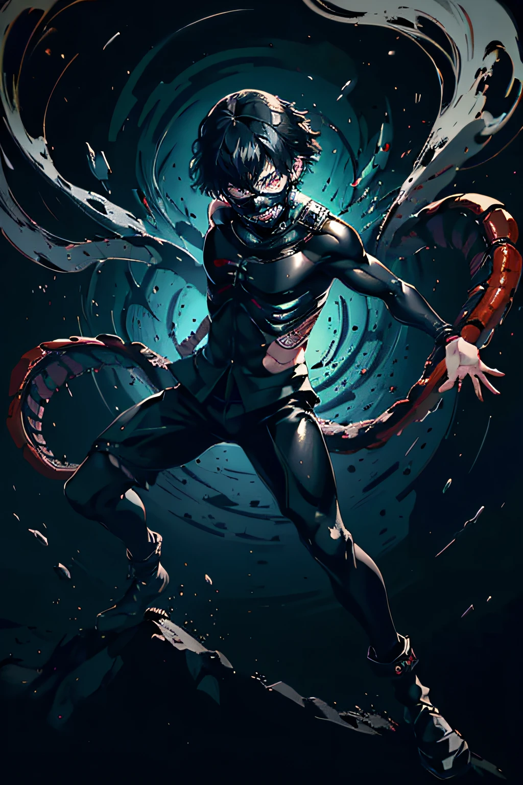 8k, anime, portrait, best quality, ultra high res, ultra detailed, black and high constrast color tone, extremely detailed lighting, cinematic lighting, soft lights, (masterpiece, high quality:1.4), (kaneki ken, black hair, white hair, red and black eye, mask | teeth, blood eyes, black clothes, scorpio tentacles),  blood, ((full body)), (dynamic pose), black background, thrilling, (fierce face)