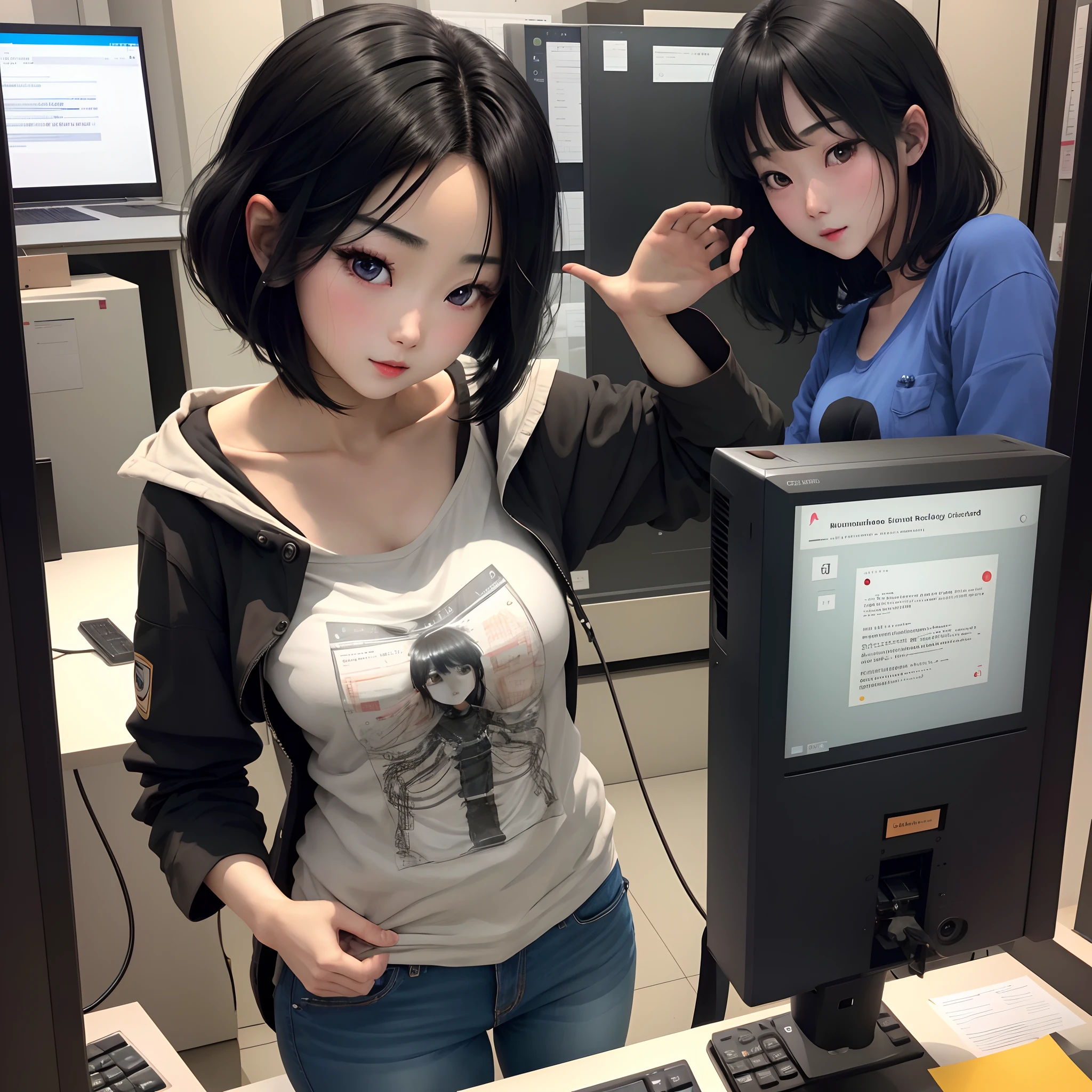 A black-haired mannequin resembling Erika Ikuta touches a computer