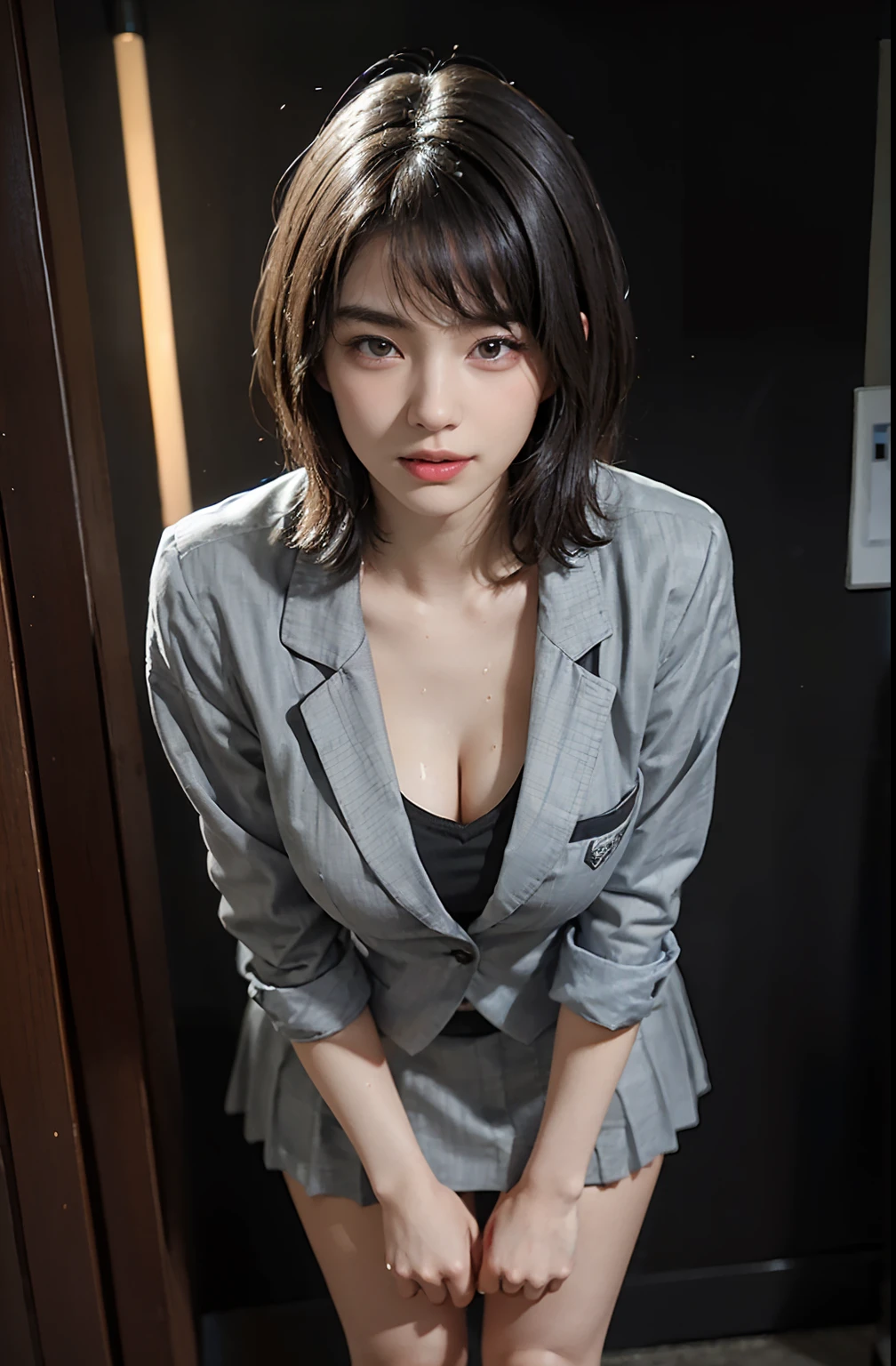 ((facing back)), ((Super close-up of buttocks)), meeting room, Business suit jacket, White blouse with collar, ((The lower part of the body is bare)), Small panties with lace, Smiling smile, (NSFW), 1womanl, 独奏, 24 year old, 7headed body, (Ideal ratio body proportions), (Composition from head to thigh), erectile nipple, Sexy body, Wet, short-hair, A dark-haired, small tits, A slender, Small buttocks, beauty legs, Skinny Legs, surrealism, Cinematic lighting, depth of fields, One-person viewpoint, F/1.8, 135 mm, nffsw, masutepiece, ccurate, ((Anatomically correct)), Textured skin, Super Detail, high details, High quality, awardwinning, Best Quality, hight resolution, 8K