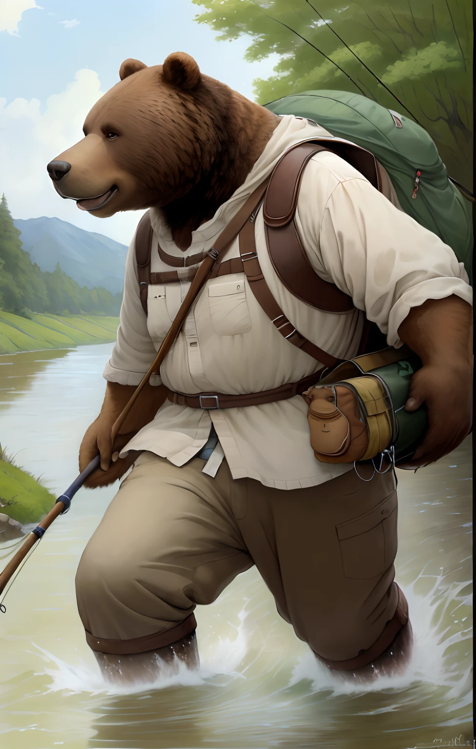 真实感, Painting by Jean-Baptiste Monge depicting a large brown bear, Goes to Revbalka, He carries a fishing rod in his paws, paws Dressed in fishing boots, carries a bag of fishing tackle, On a summer day to the river , jean - baptiste monge, anthropomorphic --ar 2:3 --testp -optimistic;