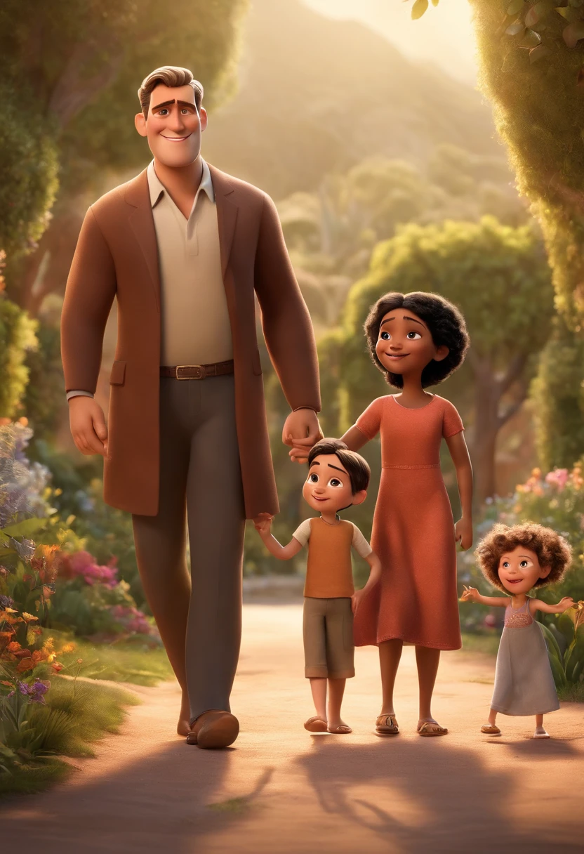 a movie poster by Disney Pixar spotting a white-skin family. The father is the tallest, black short and undercut hair. The mom has black eyes and wear hijab, at shoulder-lenght and is slightly overweight. The 1  girl is 4-years as black short hair, The 1 little girl is  old, short hair,ittle boy is 7-year old has short hair, The tfit. The background is a beach garden. 3d render