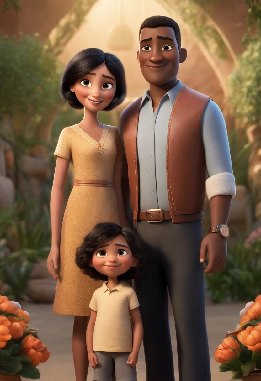 a movie poster by Disney Pixar spotting a white-skin family. The father is the tallest, black short and undercut hair. The mom has black eyes and wear hijab, at shoulder-lenght and is slightly overweight. The 1 girl is 4-years as black short hair, The 1 little girl is old, short hair,ittle boy is 7-year old has short hair, The tfit. The background is a beach garden. 3d render