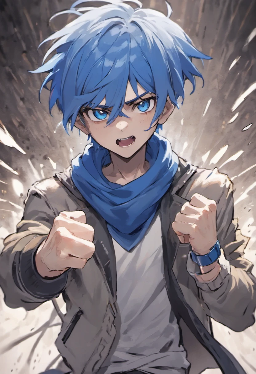 A boy, transformed into an anime style, blue hair, blue eyes, wearing a white t-shirt, a grey jacket, long blue scarf, one fist up, in a dusty wasteland, high-contrast colors, 4K high-definition quality, young, smirking, flowing wind