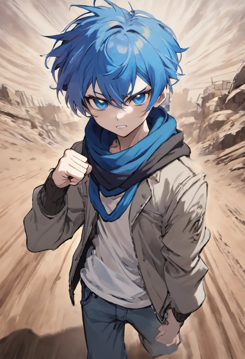 A boy, transformed into an anime style, blue hair, blue eyes, wearing a white t-shirt, a grey jacket, long blue scarf, one fist up, in a dusty wasteland, high-contrast colors, 4K high-definition quality, young, smirking, flowing wind