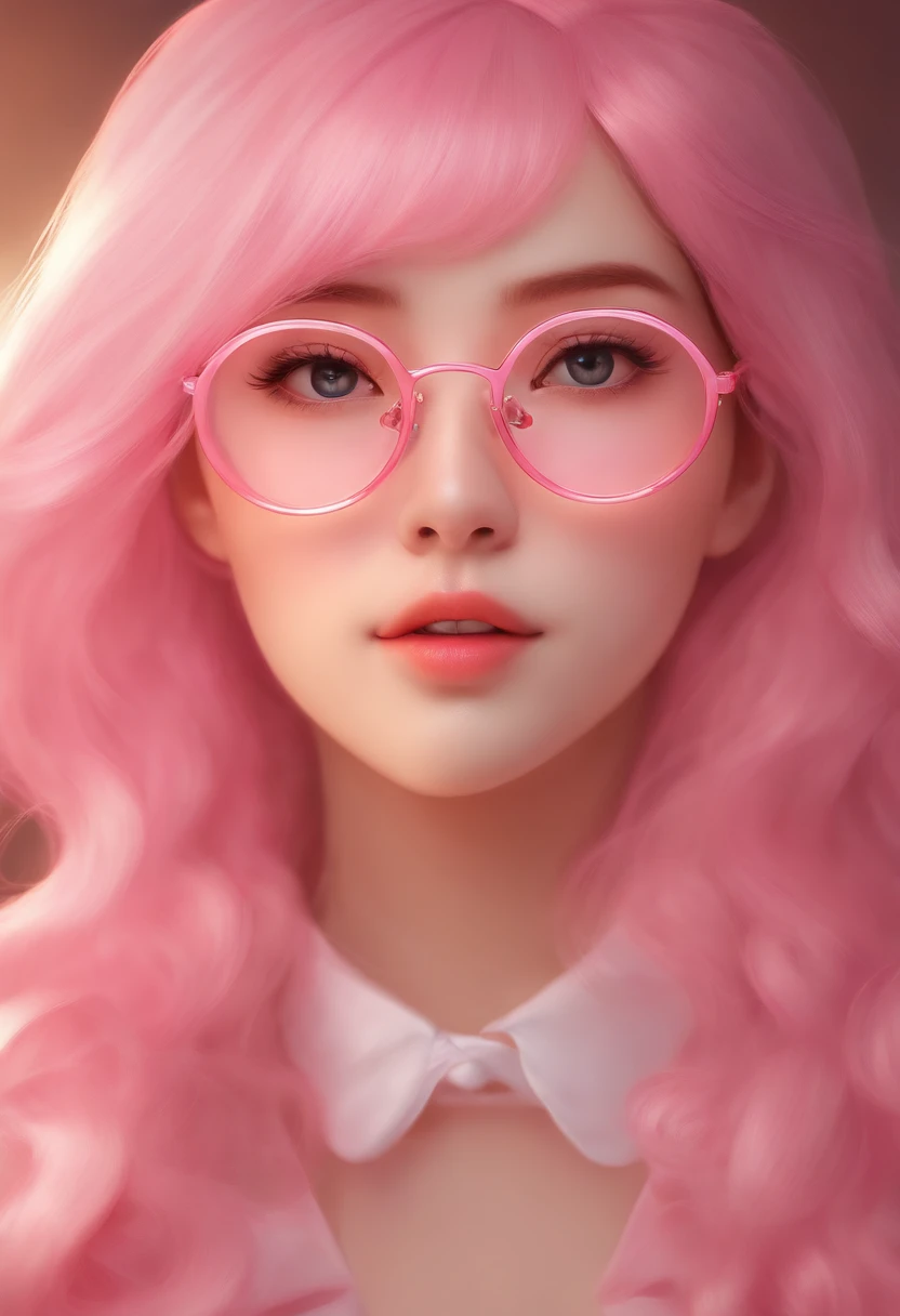 Close-up of a woman with yealow hair wearing glasses, artwork in Guvez style, Guvez, kawaii realistic portrait, inspired by Seihiko-kun, glowing pink face, pink girl, beautiful anime portrait, pink glasses, glowing pink eyes, realistic anime 3 D style, Yanjuncheng, realistic anime art style, ((pink)8k, she has thick body, sexy body, huge boob and ass, sex pose