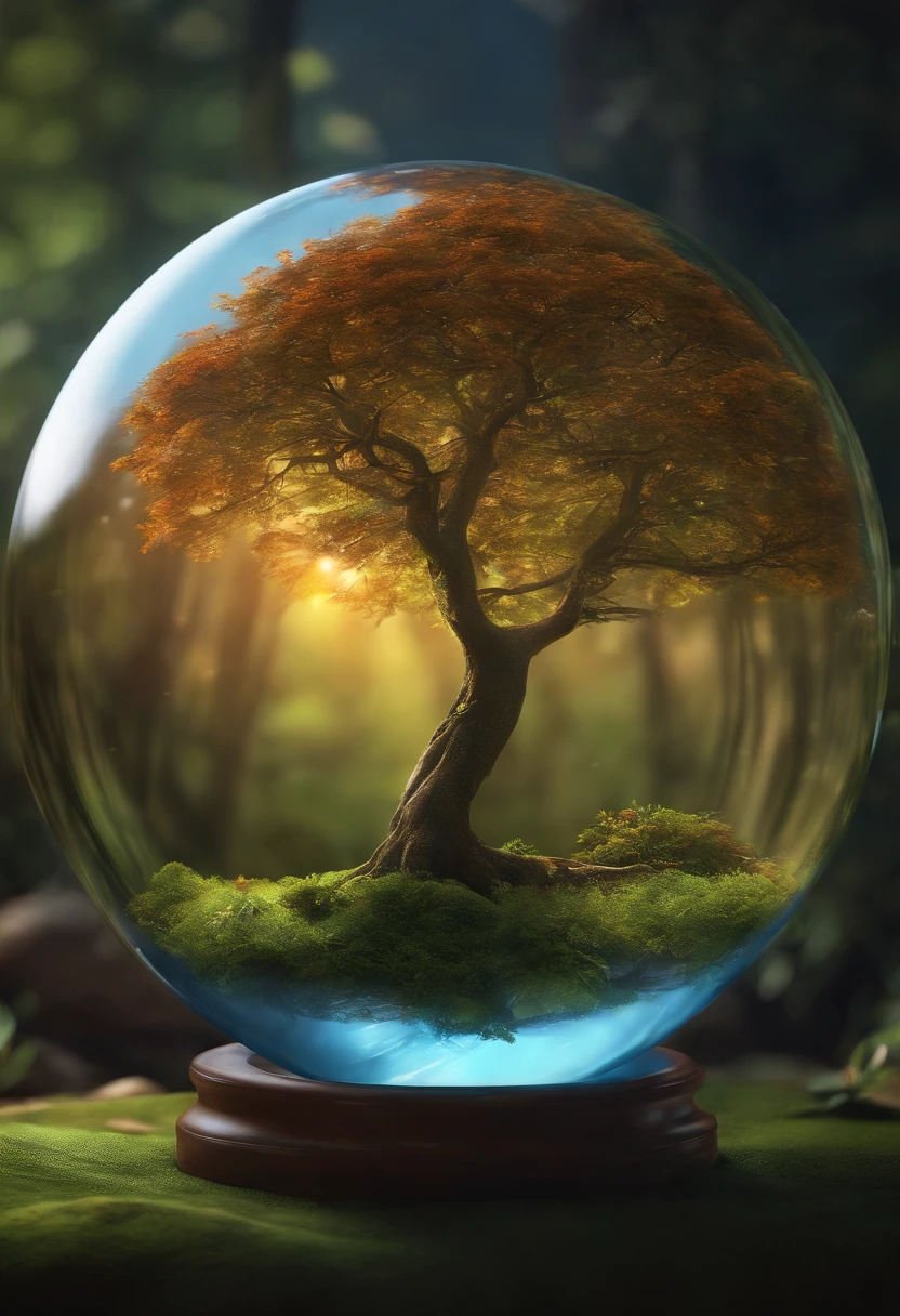 (master part),(best quality:1.0), (Ultra Highres,), circunstanciado, a glass ball with a tree inside it, Arte Digital, Vencedor do concurso CG Society, borboletas e raios solares, concept art design illustration, Beautiful digital illustration, ecossistema fechado