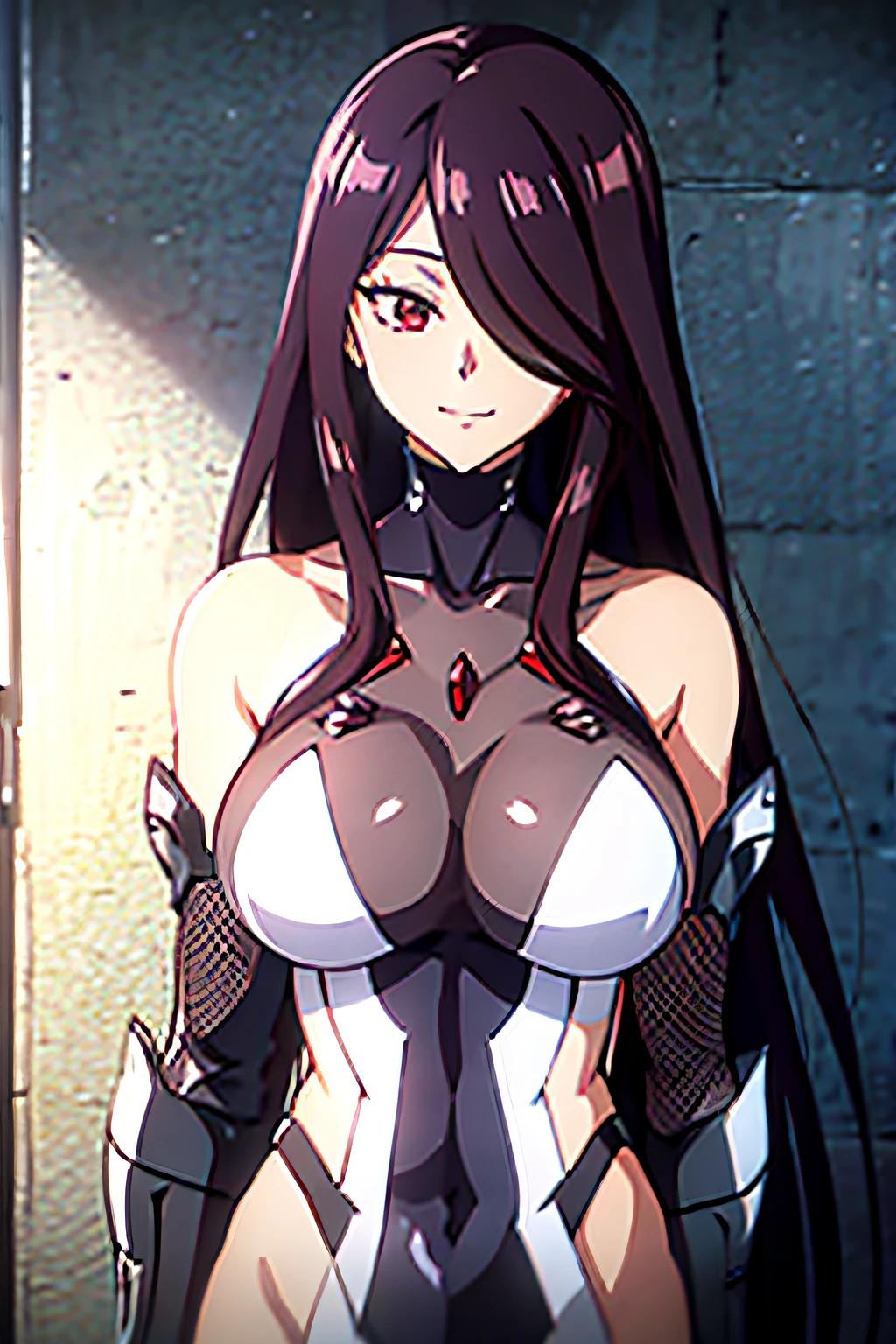 DEFSAIKA, RED EYES, PURPLE AND WHITE BODYSUIT, BARE SHOULDERS, HALTERNECK, ELBOW GLOVES, VAMBRACES, ARMORED BOOTS, HIGH HEEL BOOTS, 1girl, solo, facing viewer, looking at viewer, upper body, smile