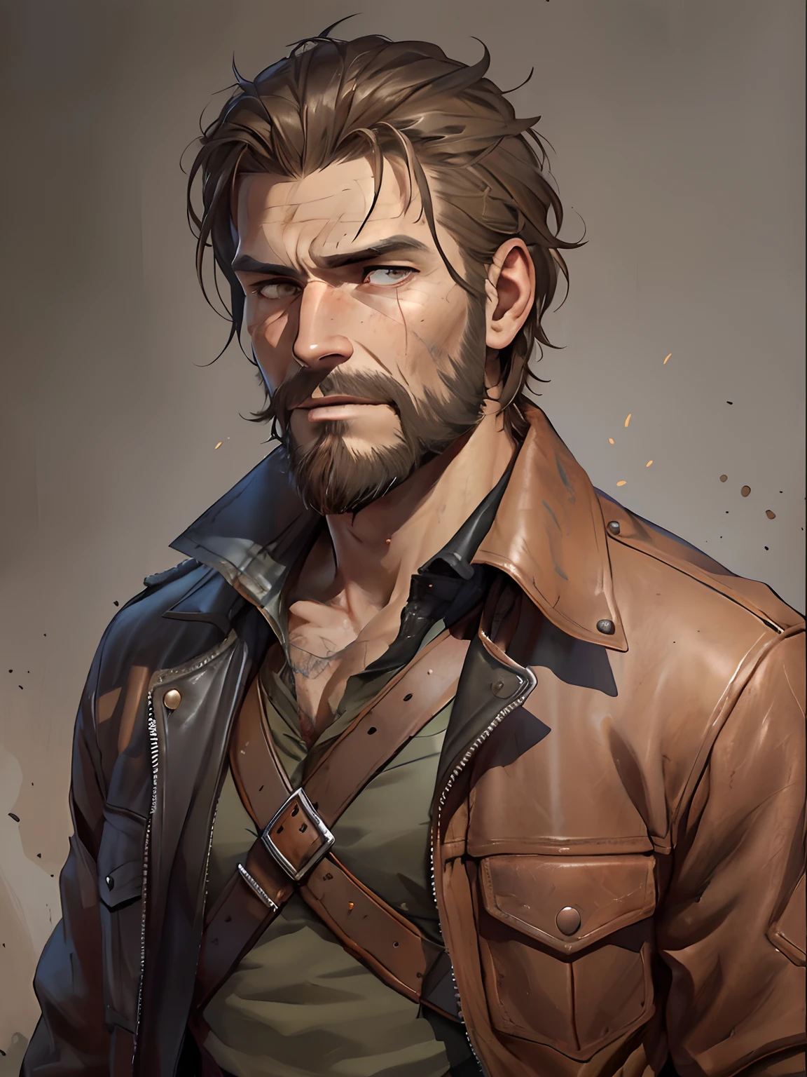 Draw a tall, full-bodied man with short brown hair and an unshaven beard. His face is marked by scars and wrinkles, the result of years of battle and suffering. He wears a worn-out leather jacket and tattered jeans. At his waist is a sharp machete and an antique pistol. His brown eyes express determination and sadness.