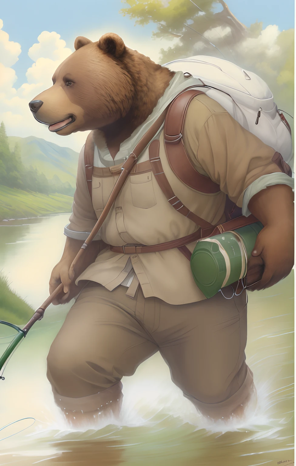 真实感, Painting by Jean-Baptiste Monge depicting a large brown bear, Goes to Revbalka, He carries a fishing rod in his paws, paws Dressed in fishing boots, carries a bag of fishing tackle, On a summer day to the river , jean - baptiste monge, anthropomorphic --ar 2:3 --testp -optimistic;