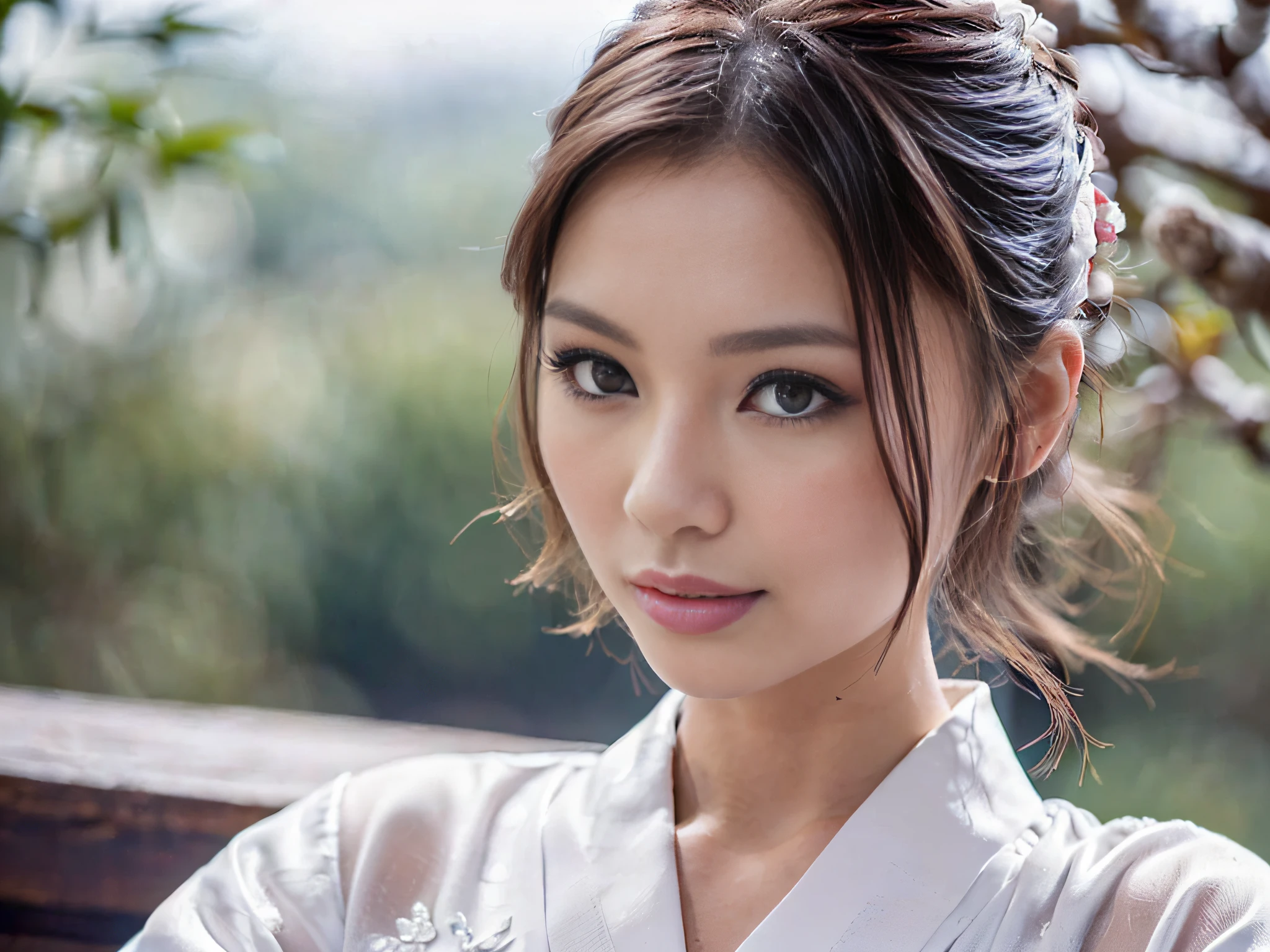 ((Girls wearing white yukata, see through:1.1, cleavage, sitting align toward to viewer, ryokan, extremely beautiful faces, Japanese idols, looking at viewer:1.2, detailed face:1.3 cute face, detailed eyes:1.2, cheek to cheek:1.1, ashamed, embarrassed:1.3, chuckles, shy:1.1, shiny skins, face focused, hot steam, medium shot, lonely eyes, upturned eyes:1.15, group shot)), trees in the background, snow mountain, ((Masterpiece, 8k, raw photo, high resolution, delicate skin, detailed face, ultra detailed, cinematic, photorealistic)),