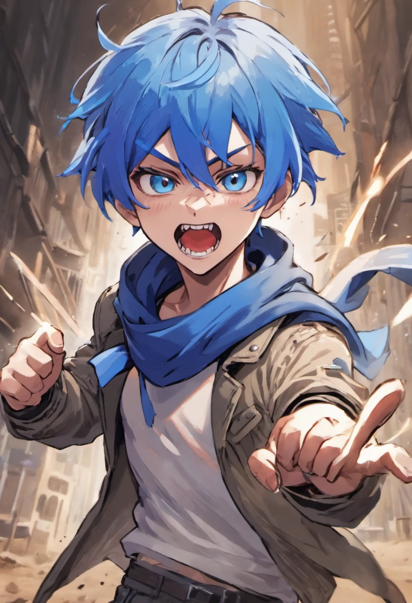A boy, transformed into an anime style, blue hair, blue eyes, wearing a white t-shirt, a grey jacket, long blue scarf, one fist up, in a dusty wasteland, 4K high-definition quality, young adult, smirking, flowing wind, toothy grin