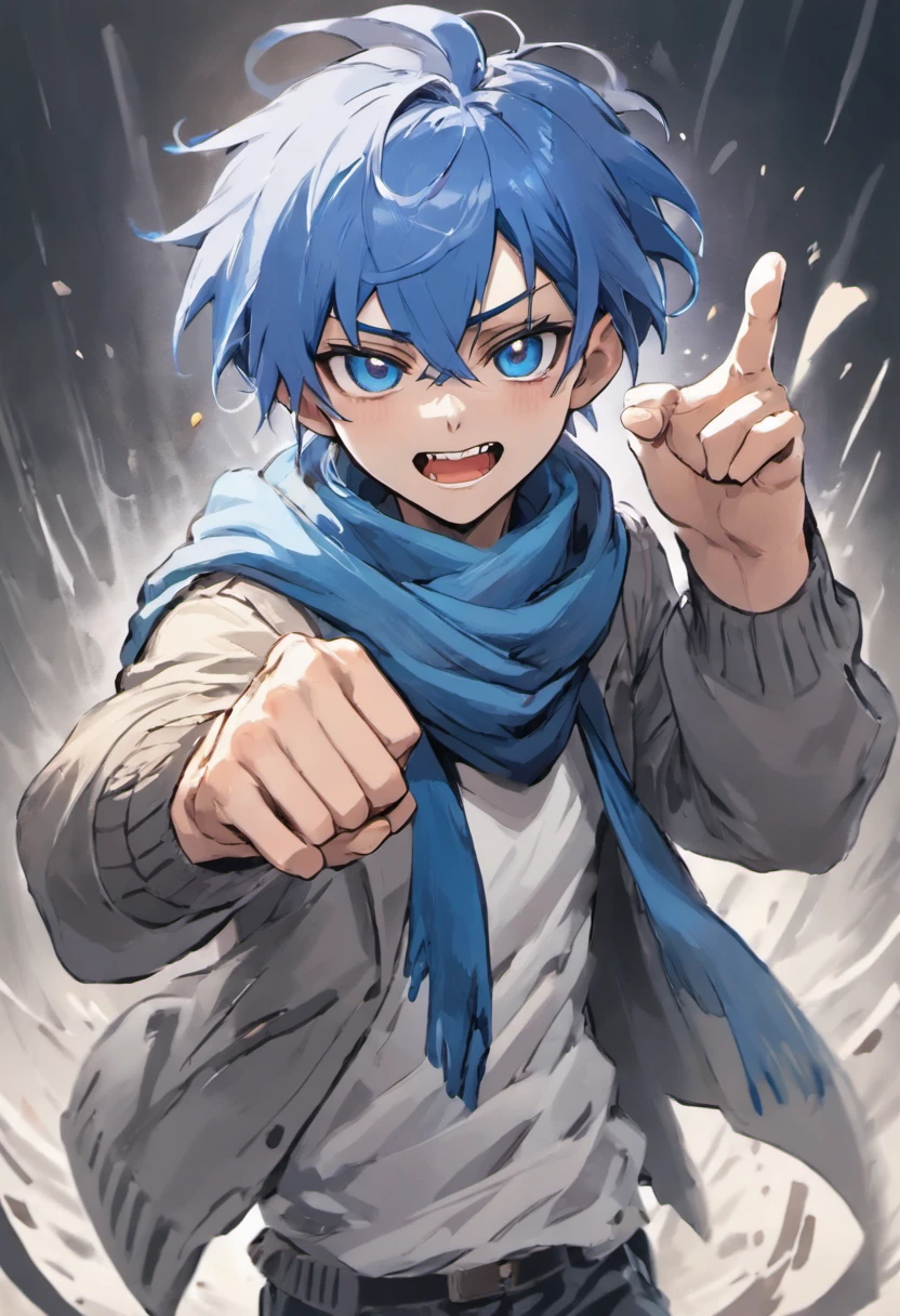 A boy, transformed into an anime style, blue hair, blue eyes, wearing a white t-shirt, a grey jacket, long blue scarf, one fist up, in a dusty wasteland, 4K high-definition quality, young adult, smirking, flowing wind, toothy grin