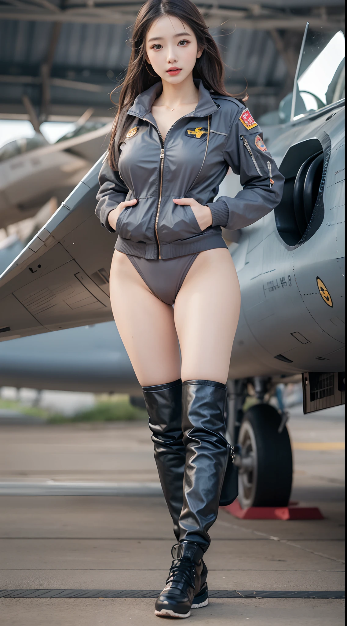 Standing on the cockpit of a fighter jet、Only panties under the MA1 jacket、One beautiful woman、huge tit、cleavage of the breast、beauty legs、((full bodyesbian))