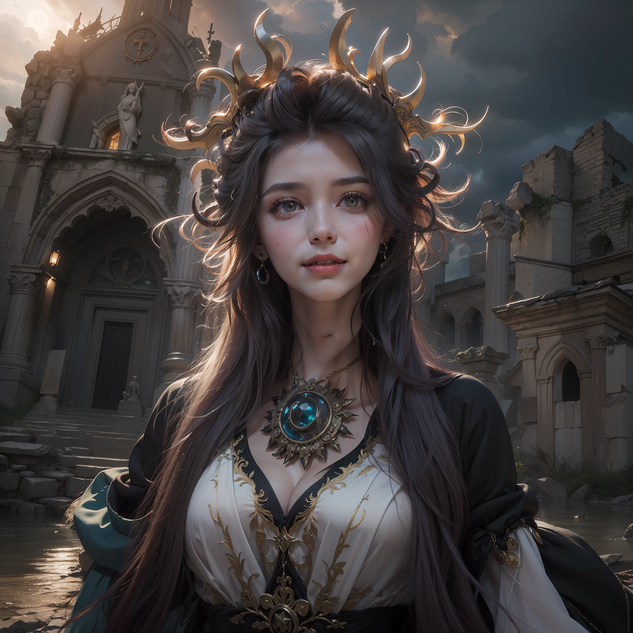 (Numerous award-winning masterpieces of, With incredible details, textures and maximum detail), (Ultra photo realsisim:1.4), (Realistic:1.3), (best quality real texture skin), ((medieval world)), finely quality eyes, finerly detailed face, (((The witch's old black hat))), (Slim witch in white), (Slim female wizard in white), (Slim witch in black), (slim female wizard in black), Gentle eyes, ((perfect and beautiful fingers)), ((perfect and beautiful arms)), (She has a mischievous smile on her face:1.4), Friendly and girlish face, (The devil dances overhead), Glass earrings on the ears, (Dramatic photo:1.6), Shining majestic lightning storm cloud mass and sky, halo optical phenomenon, Anti-Sacred Light, Twilight, Sunset, Dusk, (Dramaticlight), (A majestic sight), (Her expression was calm and gentle,Tremendously beautiful,but somehow terrifying), (A noble gesture), (Golden hair, Silver hair, maroon hair), ((full-body portraits)), ((head looking up)), ((Looking down)), (full-body standing image:1.5), (She had a simple necklace around her neck,The workmanship is evil and delicate), Purgatory Altar, Old ruins infested with plants, The Great Temple of the Devil, great cathedral, The Devil's Grand Shrine, Temple ruins, detached temple, Magical Circle, Ancient Castle Site, Deserted ruins, crumbling ruins, Ancient ruins with clear water, wavelets, running water,