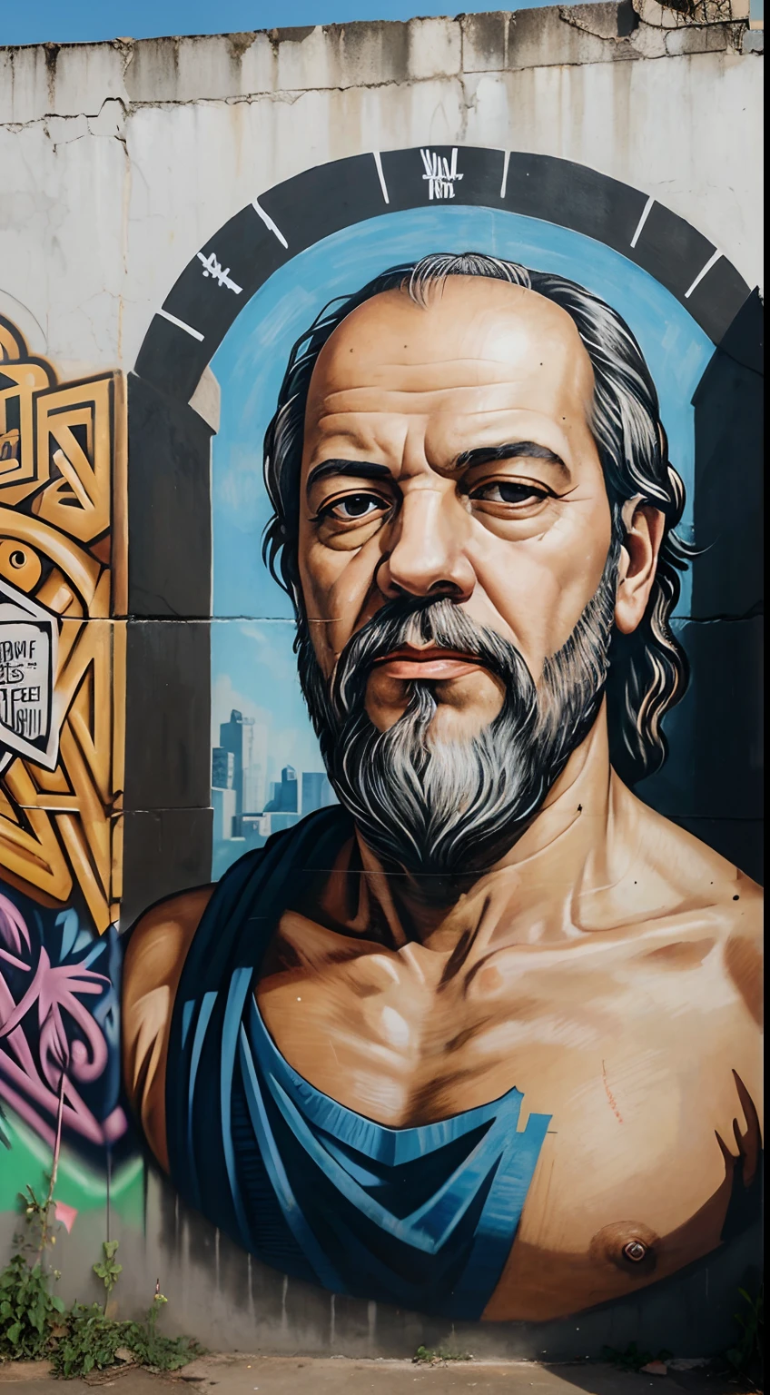Mural de pintura urbana, graffiti, edificios de fondo, arte urbano, Socrates realistically and in text to the side : "Know yourself and you will know the universe." -Socrates