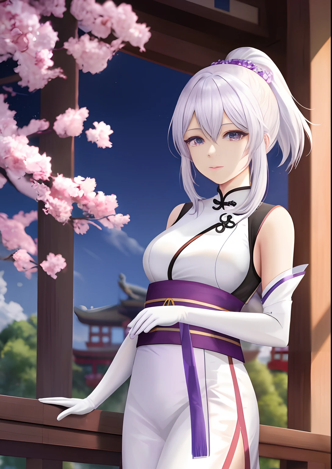 A woman,Watching the view,,White hair,Wear purple Hanfu,Long white gloves are worn on the elbows,Chinese Ancient Architecture