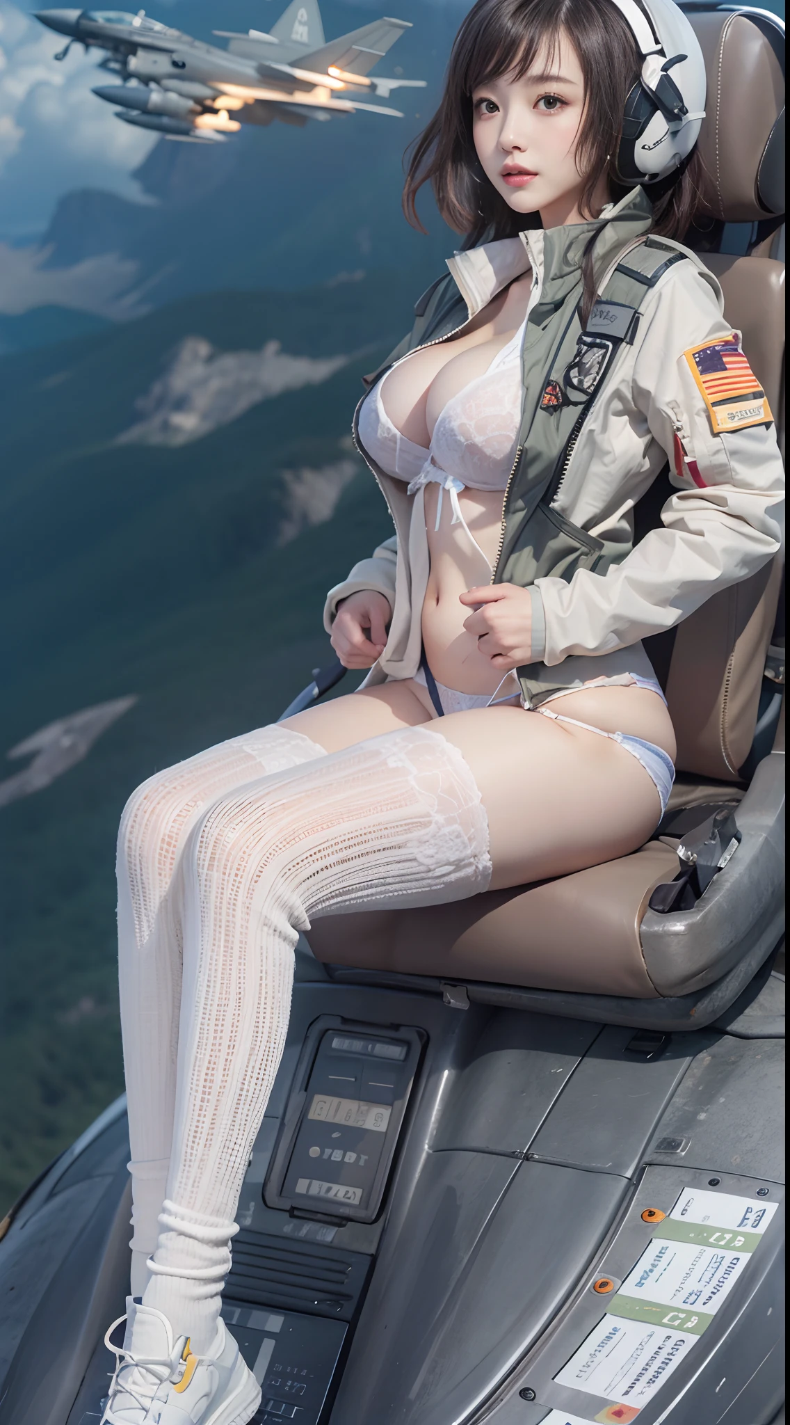 Standing on the cockpit of a fighter jet、Only panties under the MA1 jacket、One beautiful woman、huge tit、cleavage of the breast、beauty legs、((full bodyesbian))