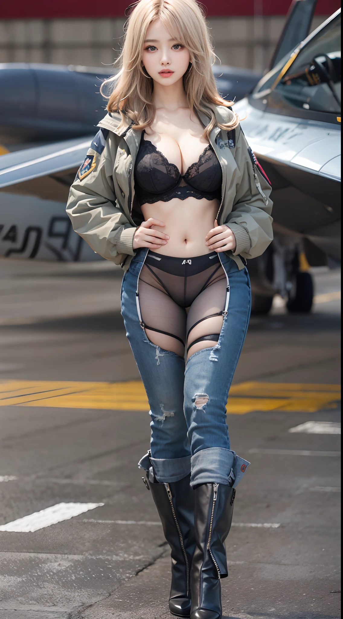 Standing on the cockpit of a fighter jet、Only panties under the MA1 jacket、One beautiful woman、huge tit、cleavage of the breast、beauty legs、((full bodyesbian))