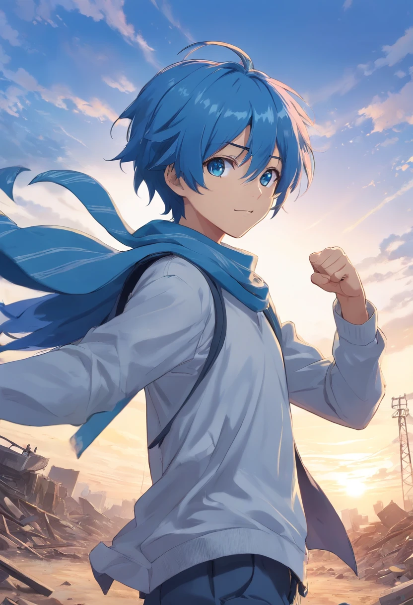 A boy, transformed into an anime style, blue hair, blue eyes, wearing a white t-shirt, a grey jacket, long blue scarf, one fist up, in a dusty wasteland, 4K high-definition quality, young adult, smirking, flowing wind, toothy grin