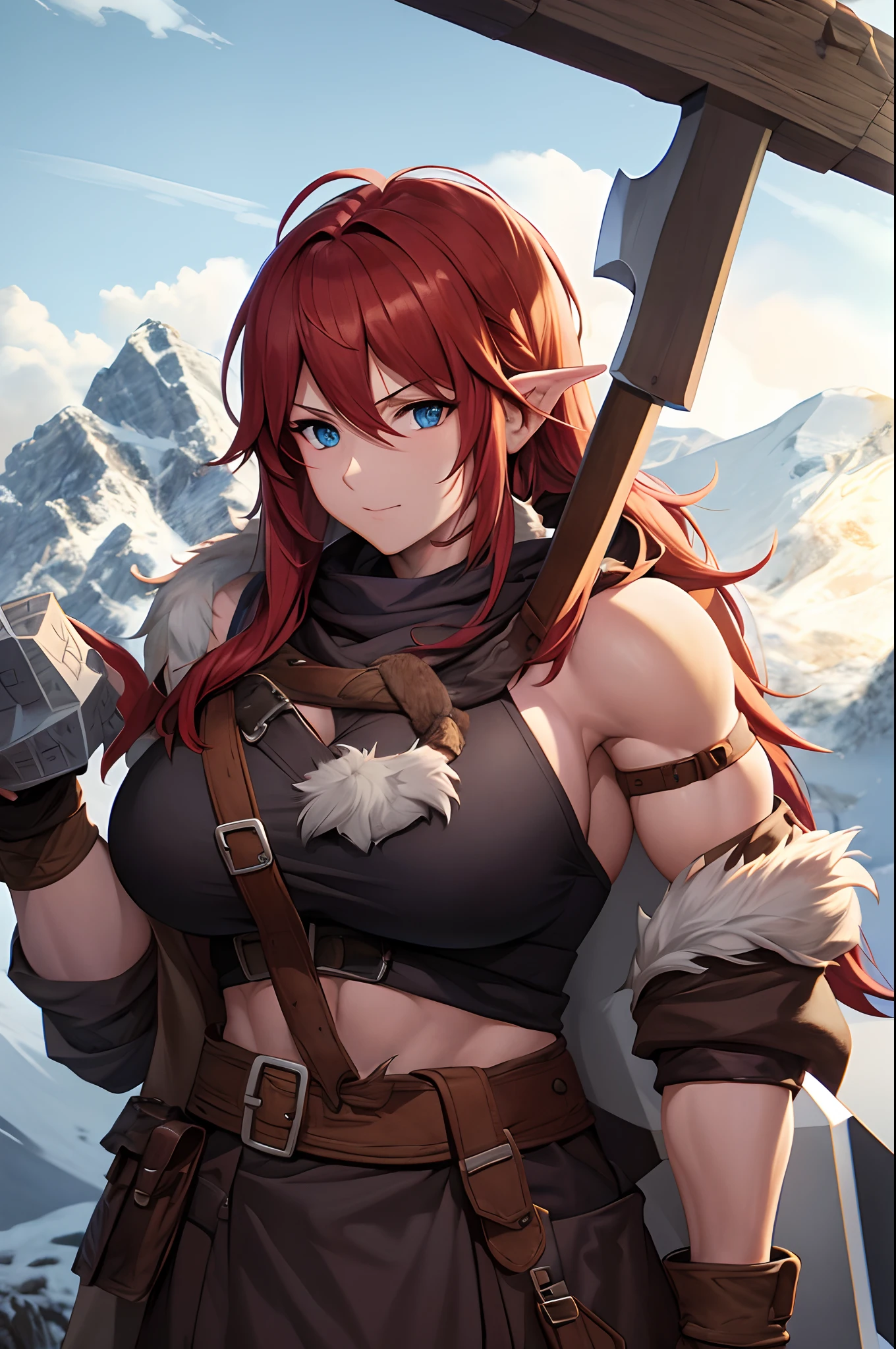 barbarian, dnd, North, mountains, with axe, winter, One person, (female), (press cubes), big booba