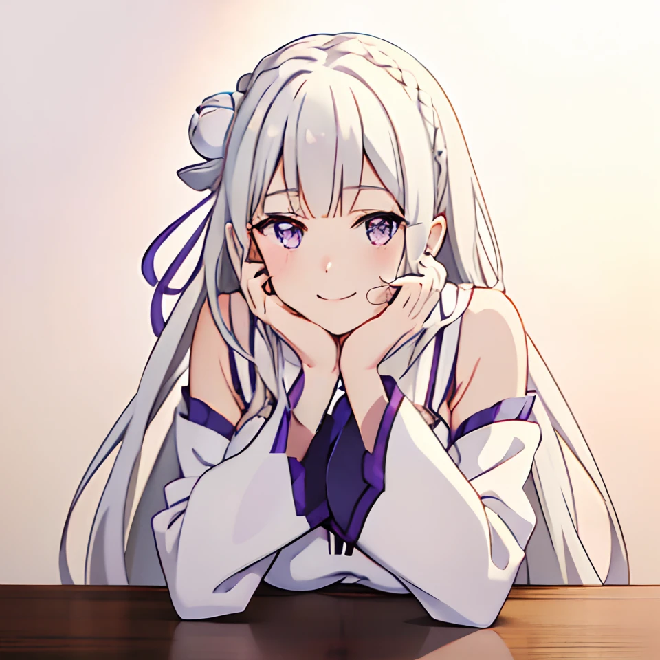 ​masterpiece, top-quality, Hi-Res, Super beautiful, Beautiful picture, Rezero Emily, Anime style, A smile, White hair, Longhaire