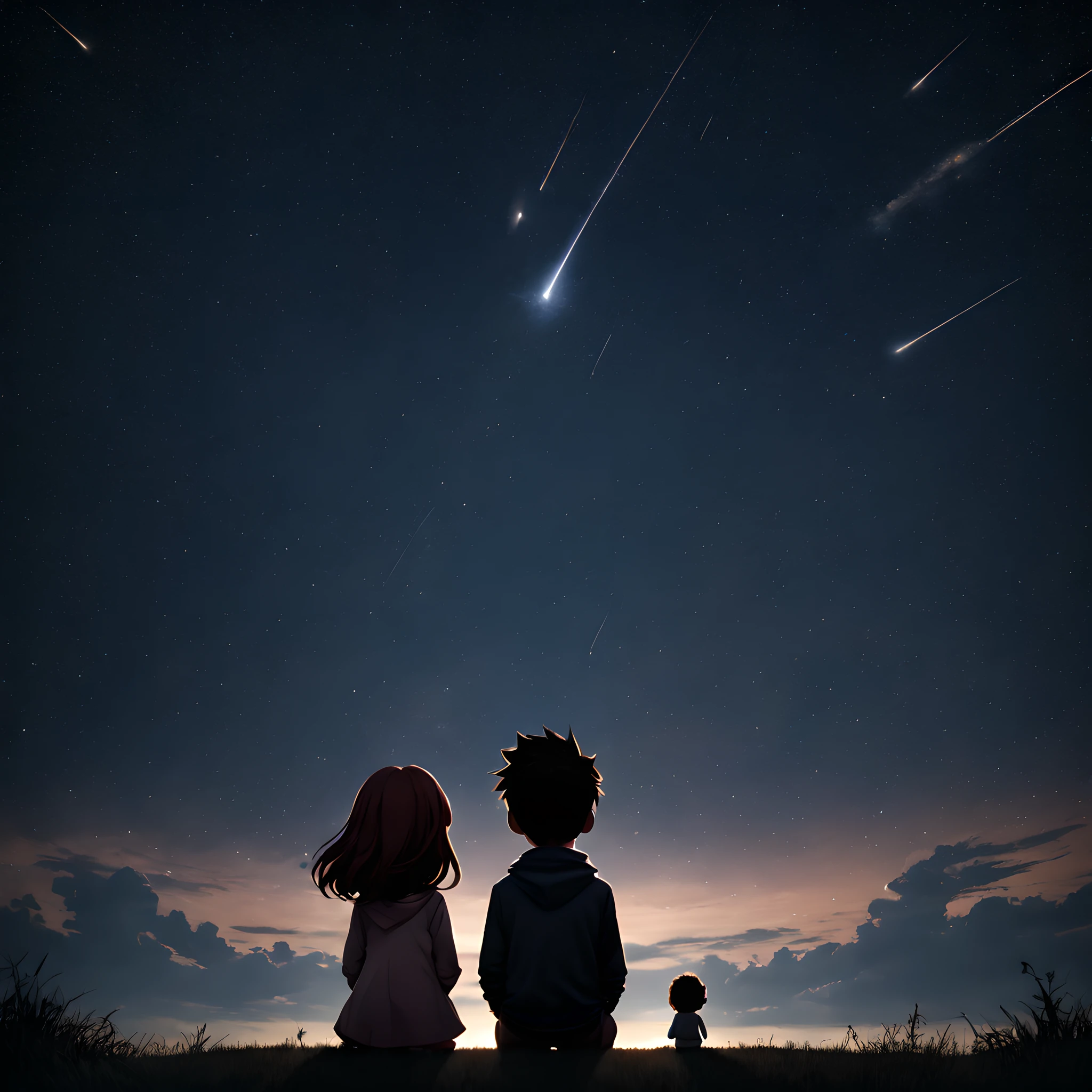 (Meteor:1.5), (magic:1.5), (fantasy:1.5), (centered image:1.5), (dark night sky:1.5), (starry sky:1.5), (cloud:1.5), (chibi emote:1.5), (chibi character:1.5), (Meteor:1.5), (shooting star:1.5), (Perseid meteor shower:1.5), (Back view of a couple staring at a meteor shower:1.5),