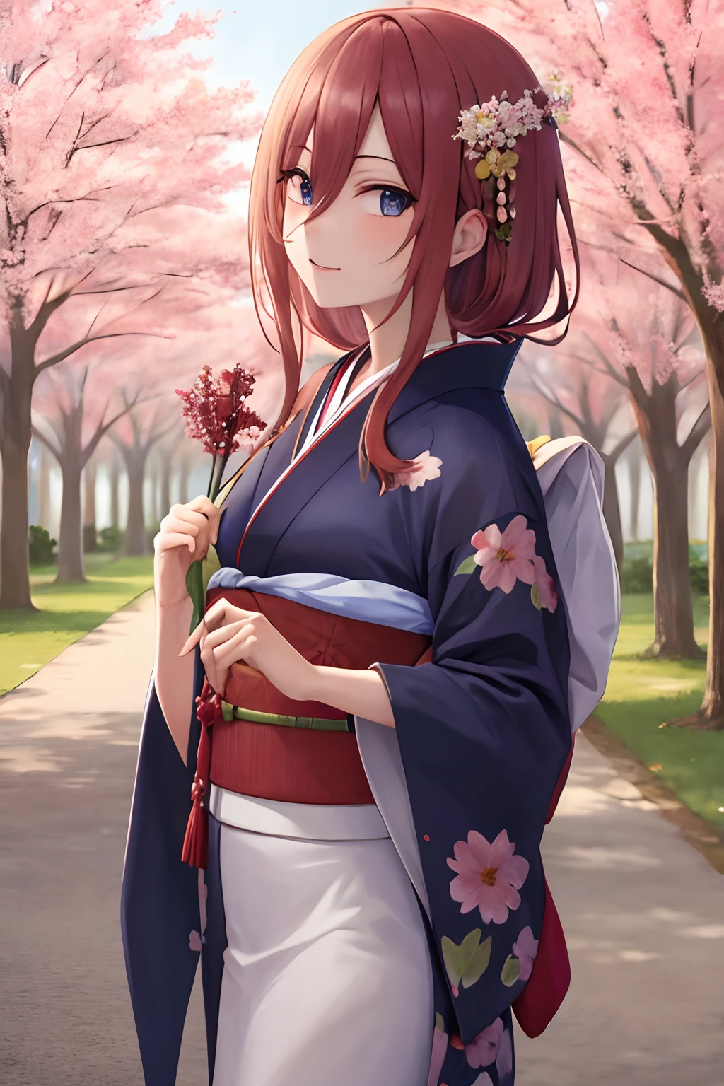 masterpiece, best quality, kimono dress, cowboy shot, holding flower, sakura trees background