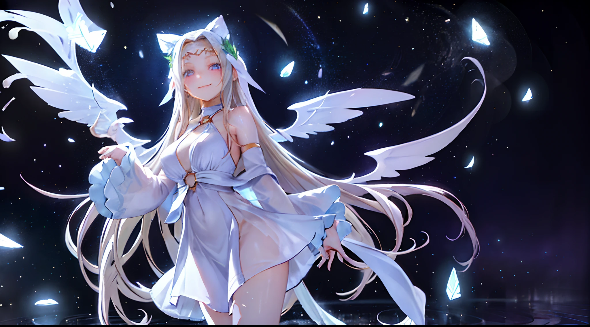 Ultra high quality、1 girl in、The whole body is reflected、is standing、Facing the front、Not moving、well-styled、Blue Eyes、Purple straight hair、Smiling、Crystal clear white skin、Hair ornament that looks like a little angel wings、Wearing a pink dress、The background is an empty space。
