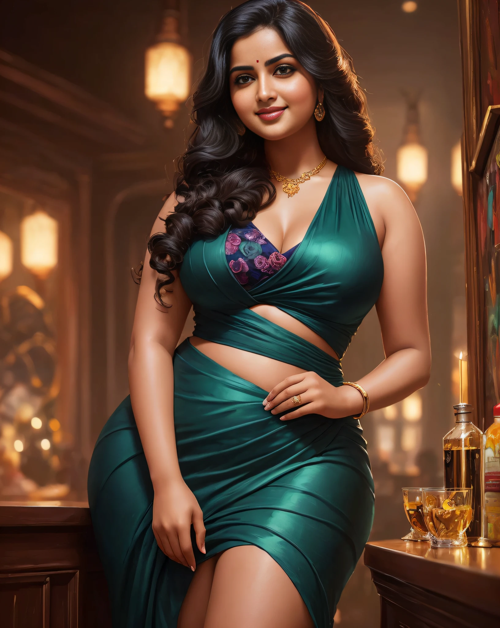 (masterpiece oil painting:1.3) of a (solo:1.3) ravishing curvy chubby tall seductress Anupama Parmeshwaran as spy, at an elegant bar, wearing chic designer mini dress & stole, with floral prints, navel, luscious glossy lips, (ravishing long wavy backlit hair), (intricate kohl lined eyes:1.3), (vicious smile:1.3) soft dramatic lighting, seductive tension, backlit, light rays, highly detailed, trending on artstation, paint splashes, rich colour, fantasy portrait, by atey ghailan & greg Rutkowski